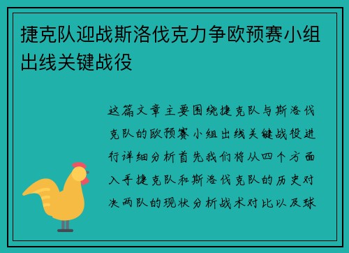 捷克队迎战斯洛伐克力争欧预赛小组出线关键战役